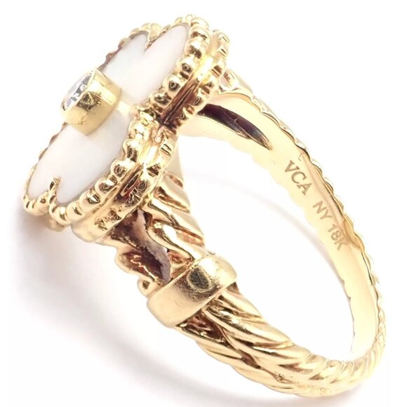 Van Cleef & Arpels Vintage Alhambra 18k Yellow Gold Diamond White Coral Ring - Picture 4 of 9